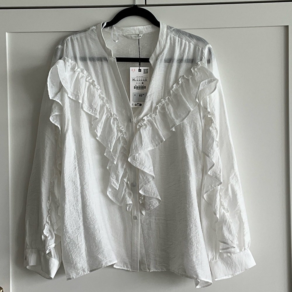 Zara White Ruffle Boho Front Button Blouse